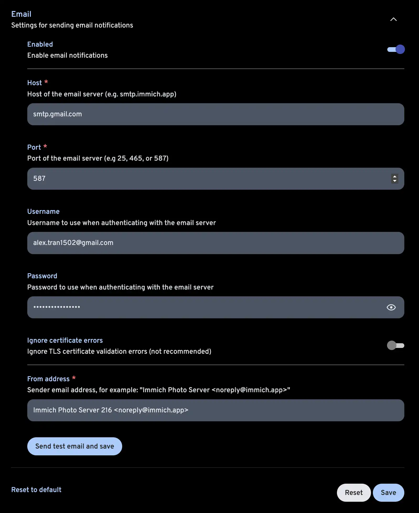 SMTP settings